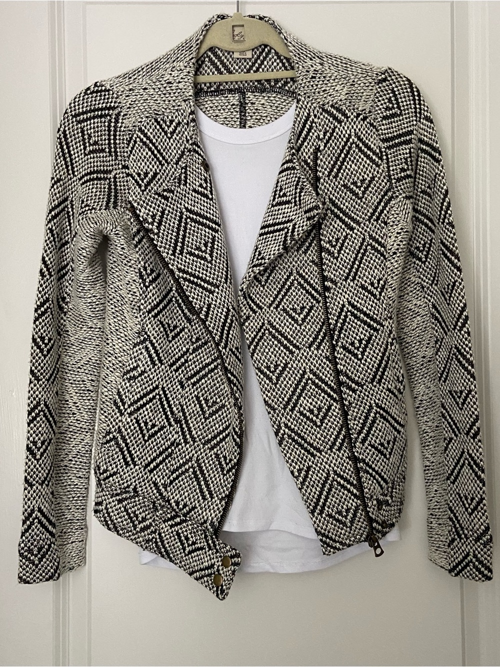 Lucky Brand Black & White Geometric Knit Zip Moto Jacket